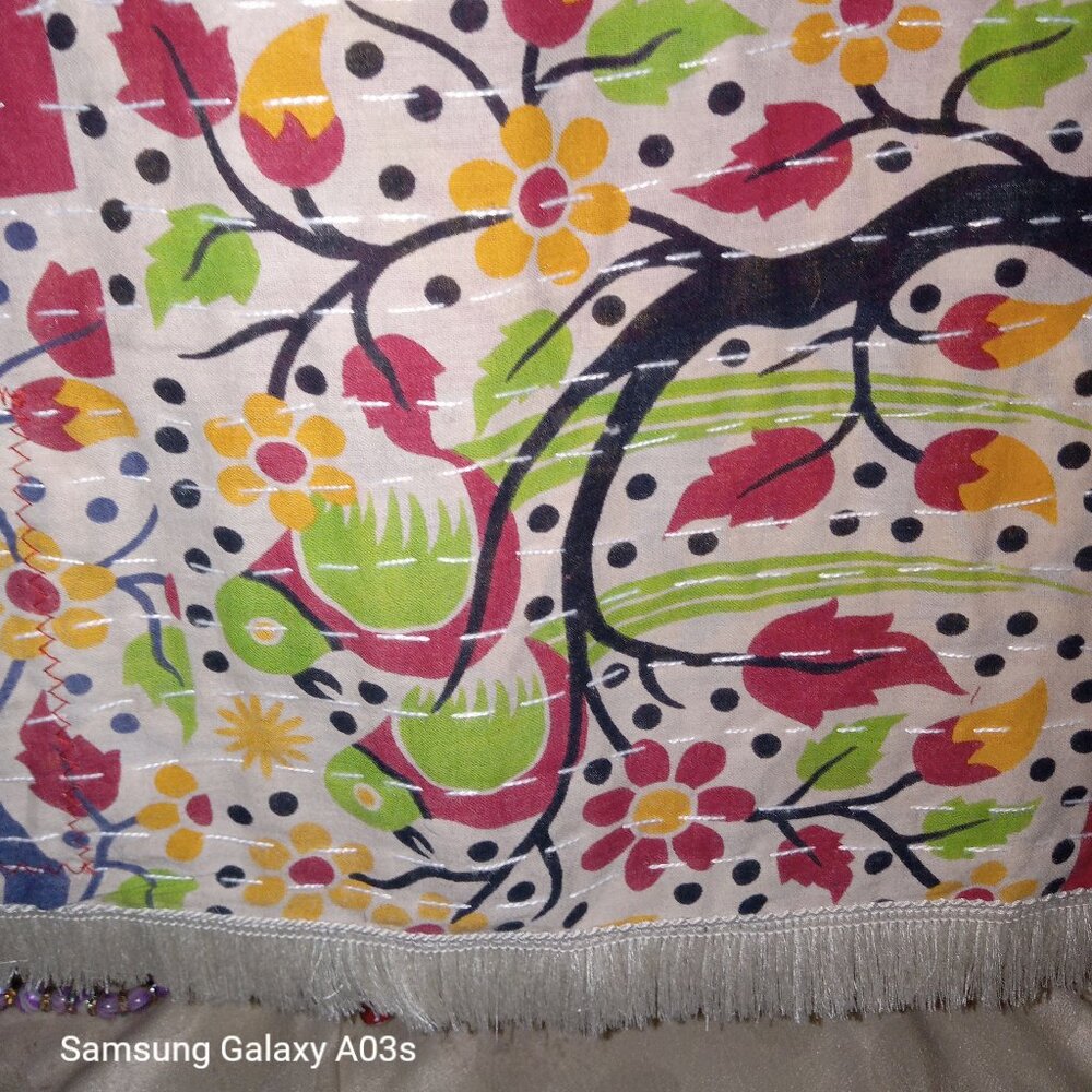 Kantha Scarf Or Table Runner Fringe 18" x 54" Trees Flowers Cotton Handmade KS1 - Picture 3 of 5